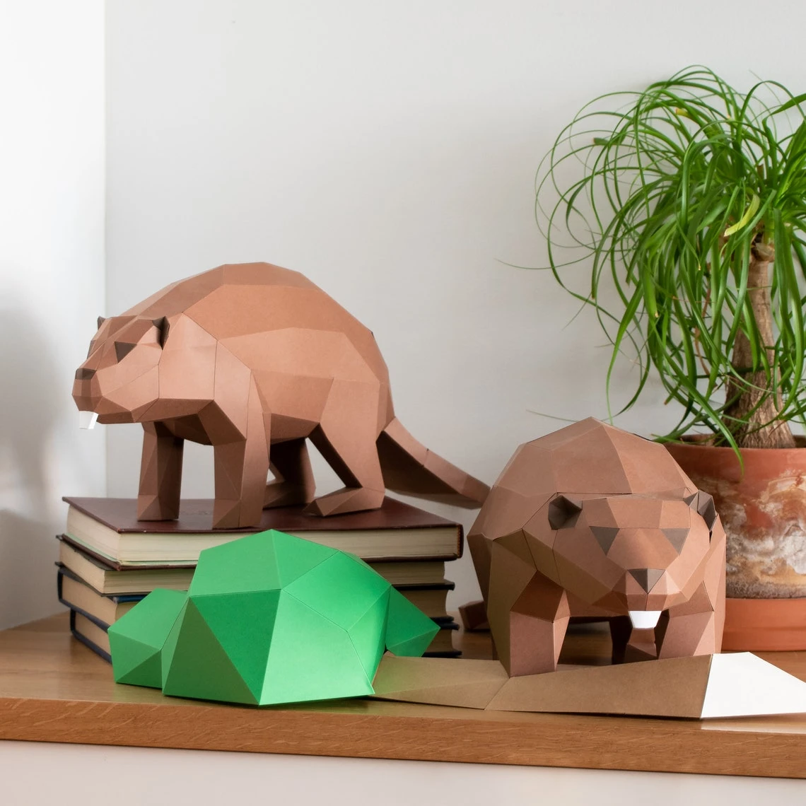 Beaver couple 3D papercraft. You get PDF digital file templates and instruction for these 2 DIY modern paper decorations.