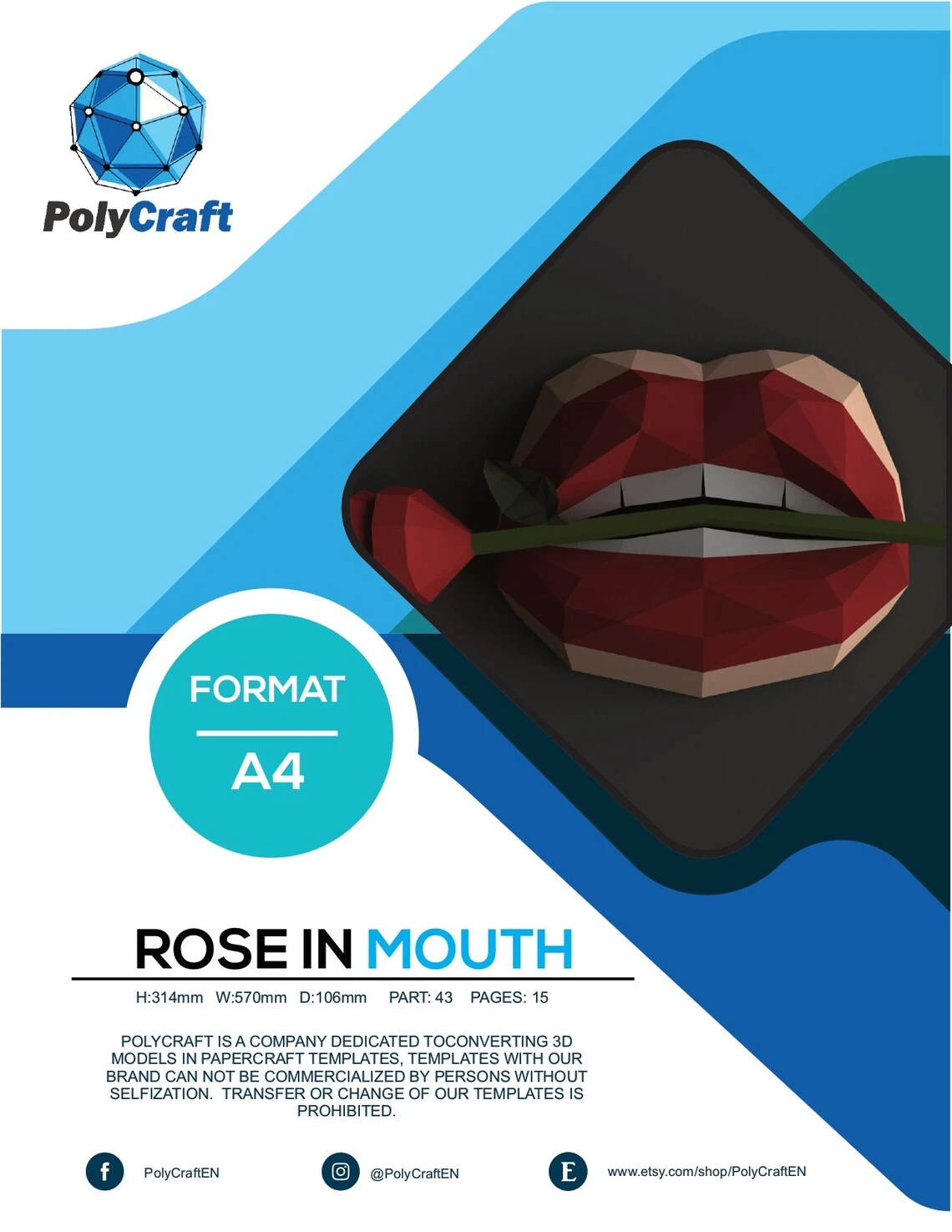 Papercraft lips Rose in Mouth papercraft home 3D Papercraft Low Poly papercraft template Paper Sculpture gift pepakura pattern template