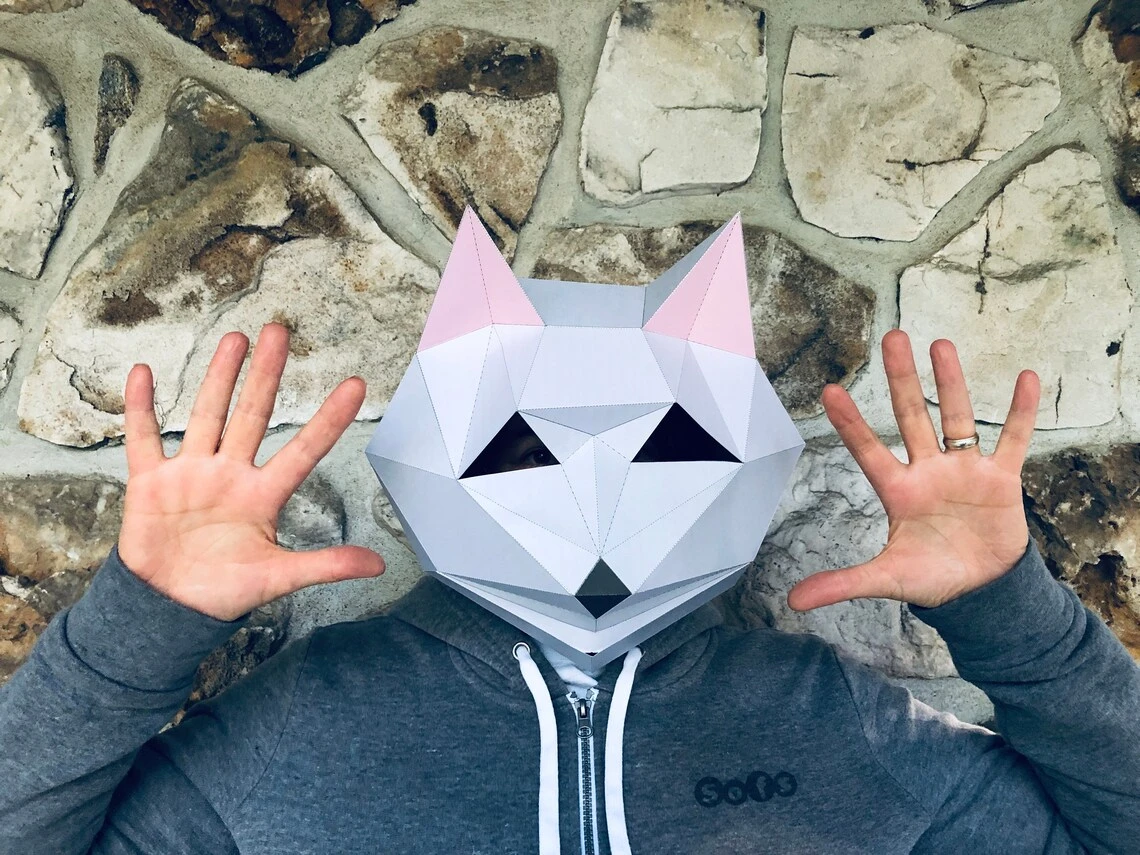 Cat mask 3d papercraft. You get PDF digital file template pattern and instruction for this model DIY 3d papercraft low poly paper mask.