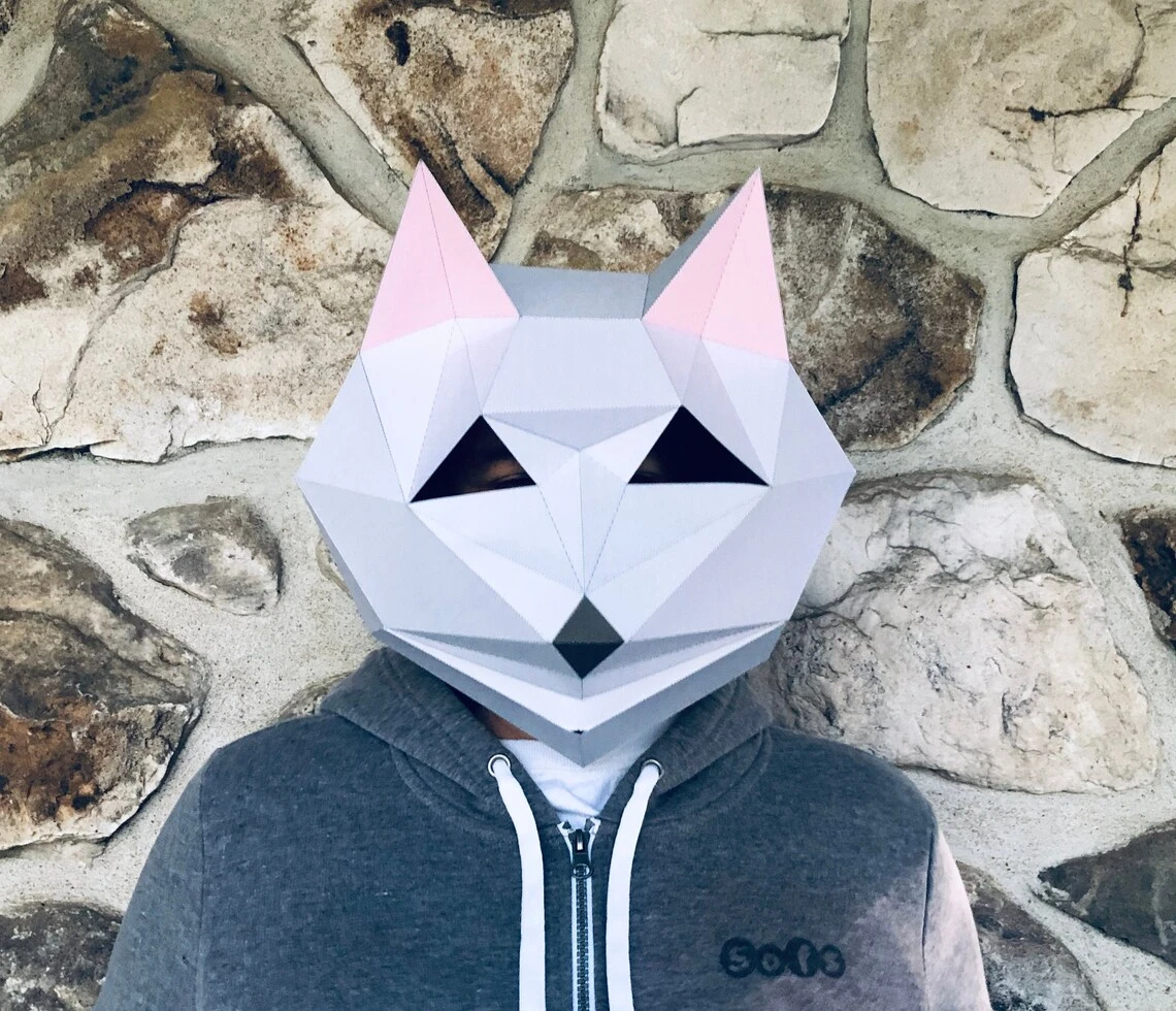 Cat mask 3d papercraft. You get PDF digital file template pattern and instruction for this model DIY 3d papercraft low poly paper mask.