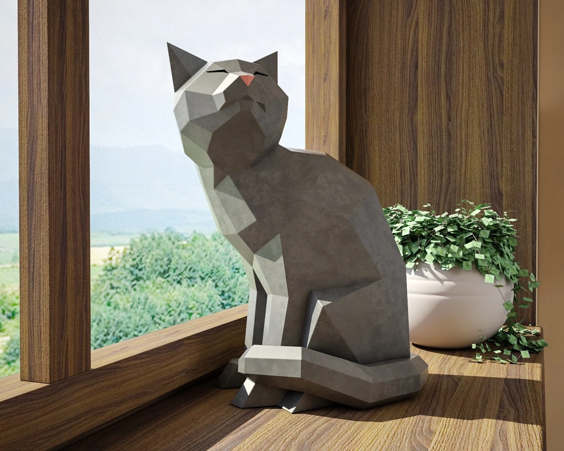 Papercraft Cat, paper craft 3D model, kitten PDF template, cute low poly kitty sculpture, digital kit, pepakura, pieces DIY home constructor