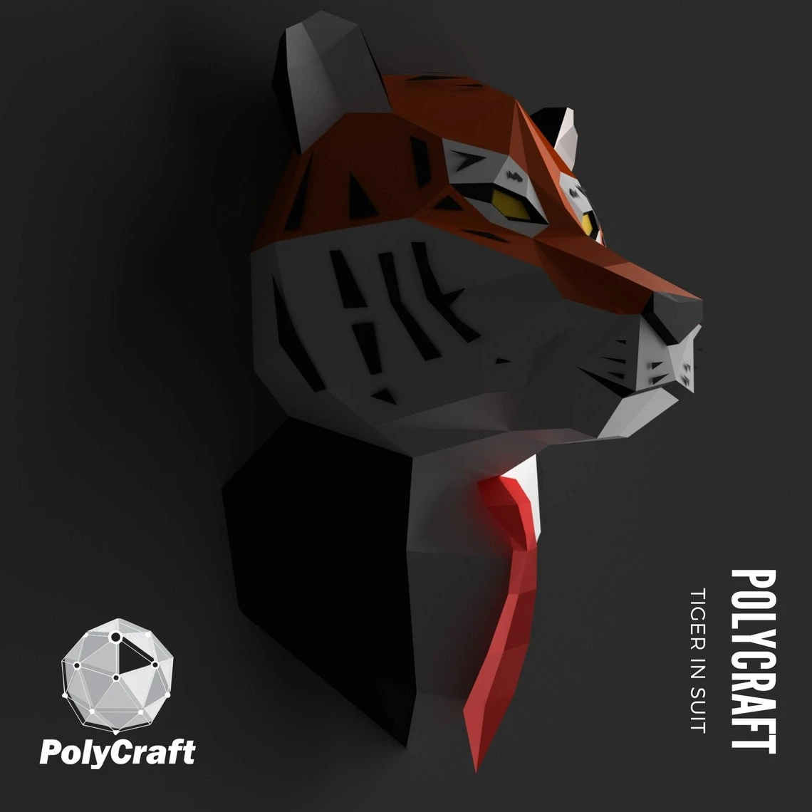 Papercraft Tiger, 3D paper model, PDF tiger in Suit template, low poly, wall decor DIY gift, animal head trophy, paper sculpture, pepakura