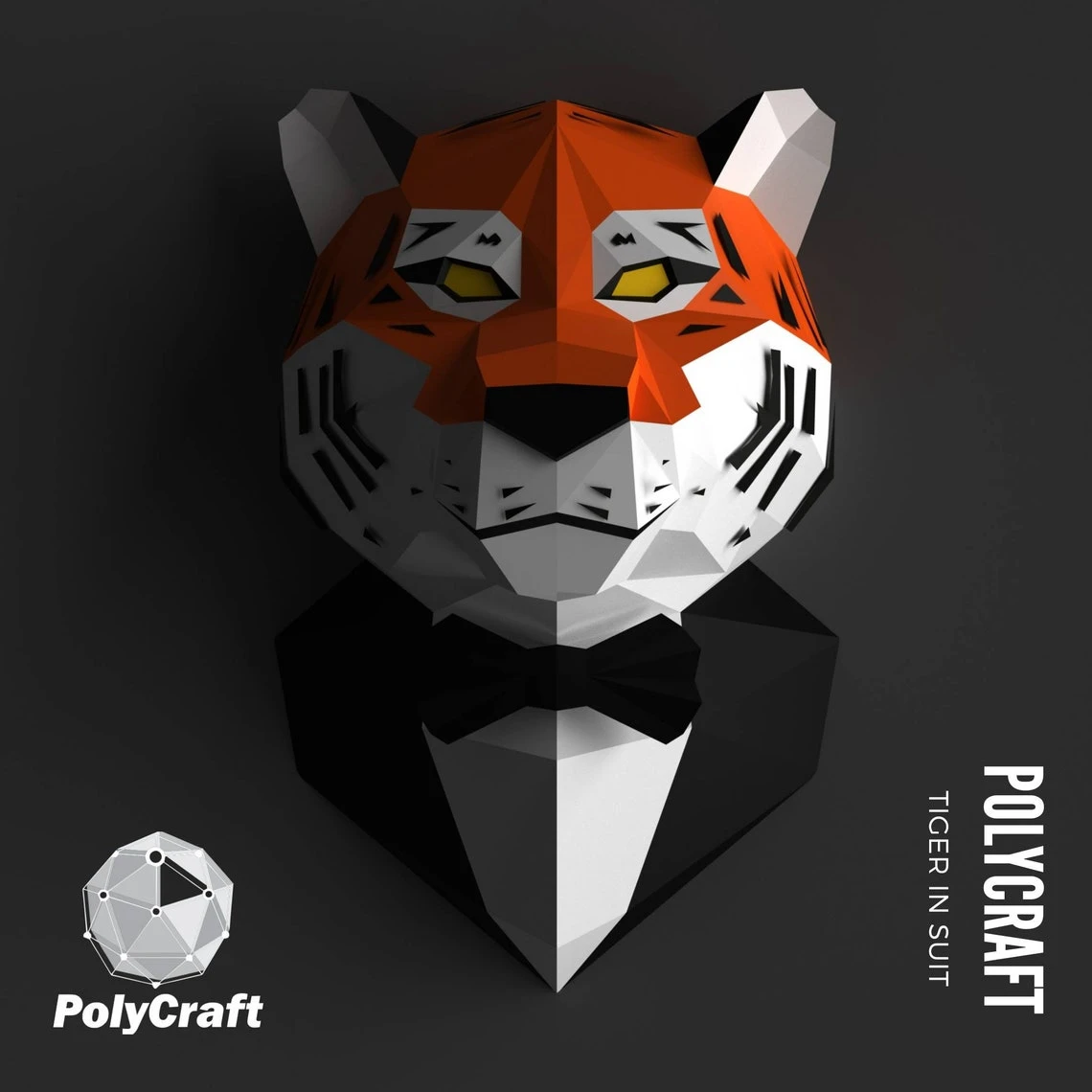 Papercraft Tiger, 3D paper model, PDF tiger in Suit template, low poly, wall decor DIY gift, animal head trophy, paper sculpture, pepakura