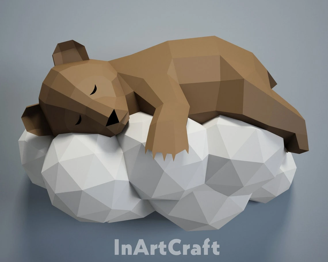 PDF Papercraft Bear on a cloud, Paper Craft 3D origami kit, 3D Papercraft animal, DIY paper model, Papercraft template, low poly pepakura A4