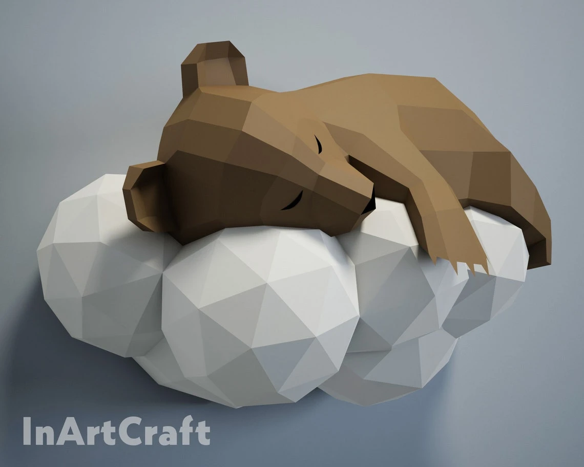 PDF Papercraft Bear on a cloud, Paper Craft 3D origami kit, 3D Papercraft animal, DIY paper model, Papercraft template, low poly pepakura A4