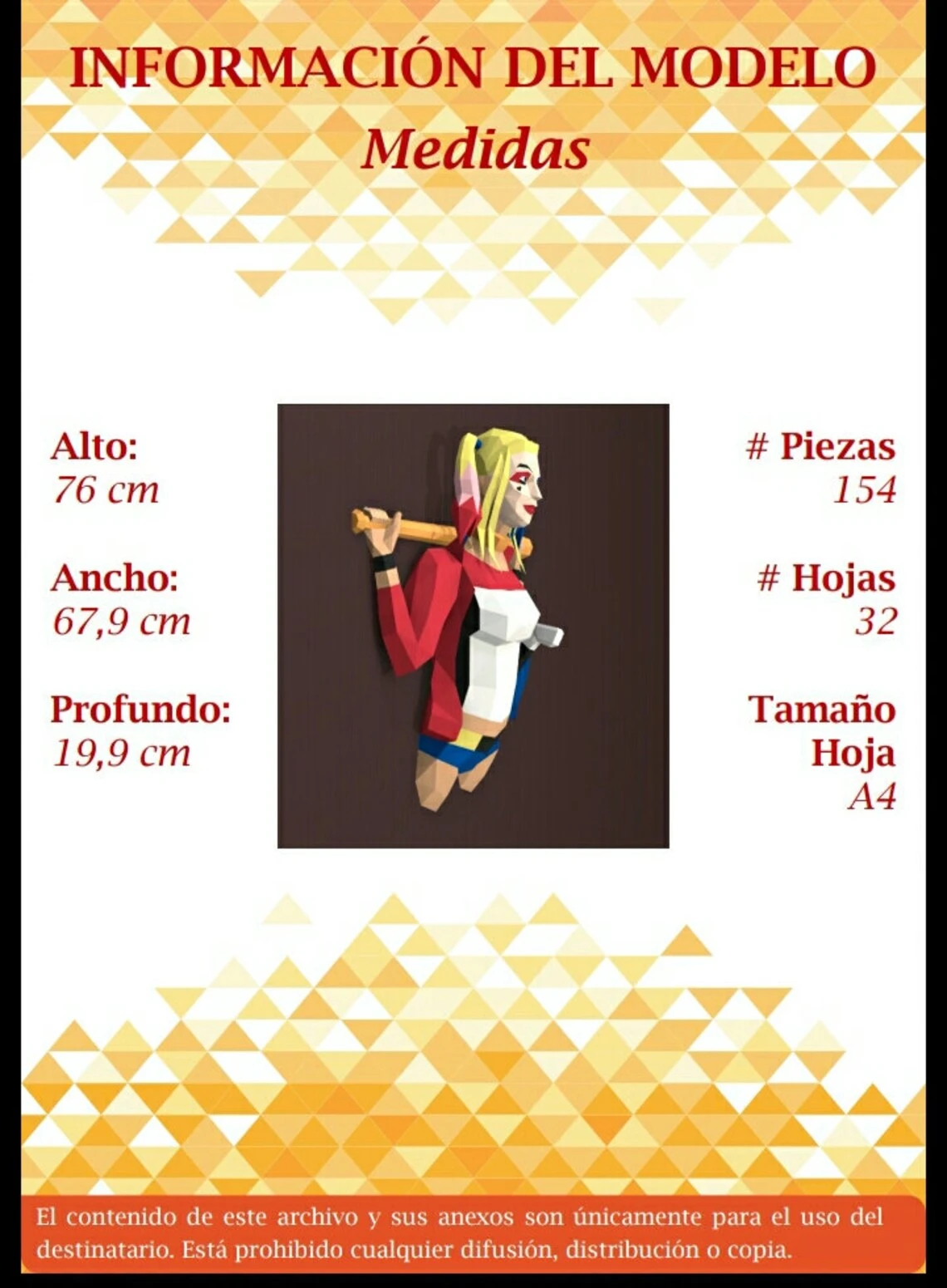 Harley Quinn, Suicide Squad Papercraft, PDF Template, DIY 3d Model, FanArt, Paper Sculpture, Low Poly, Pepakura Craft, Manualidad