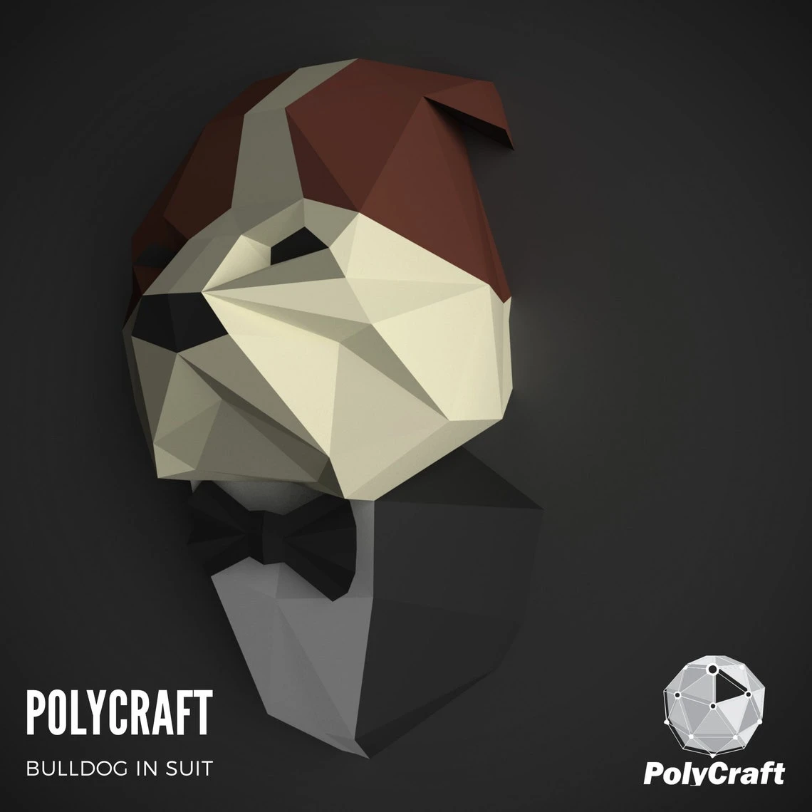 Papercraft bulldog, 3D paper model, PDF bulldog in Suit template, lowpoly dog, wall decor DIY gift, animal trophy, paper sculpture, pepakura