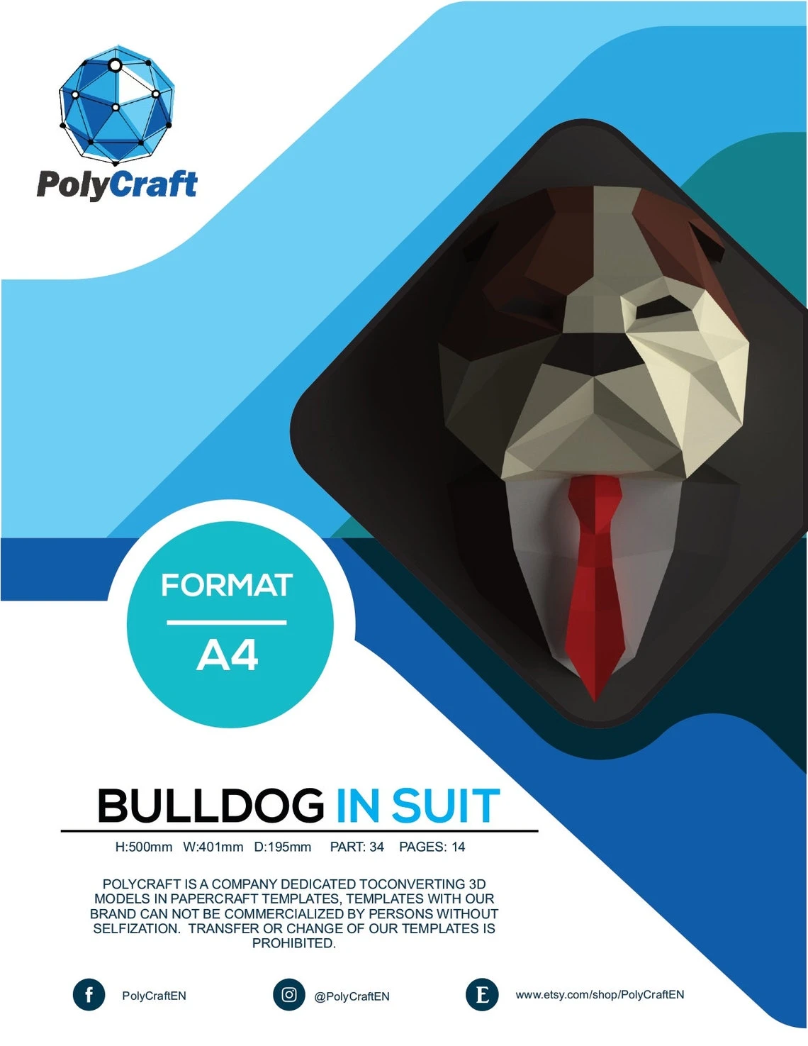 Papercraft bulldog, 3D paper model, PDF bulldog in Suit template, lowpoly dog, wall decor DIY gift, animal trophy, paper sculpture, pepakura