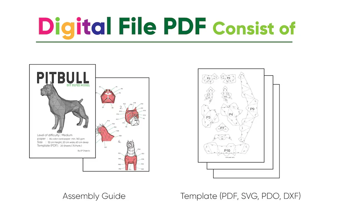 Pit bull Dog Paper Craft, Digital Template, Origami, PDF Download DIY, Low Poly, Trophy, Sculpture, Model