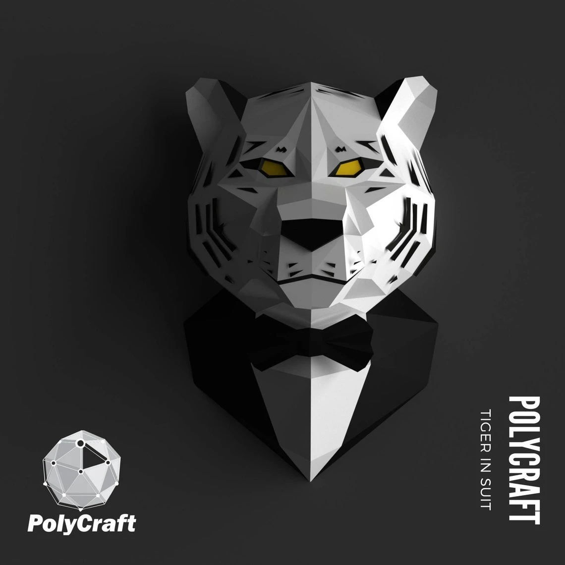 Papercraft Tiger, 3D paper model, PDF tiger in Suit template, low poly, wall decor DIY gift, animal head trophy, paper sculpture, pepakura