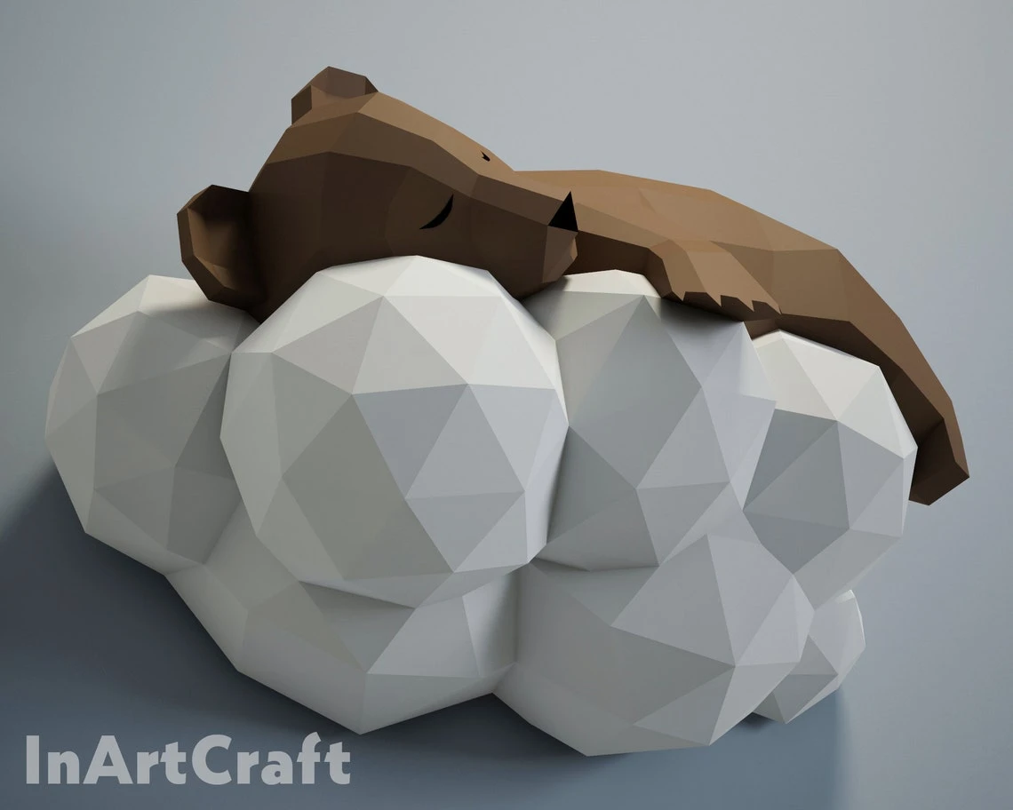 PDF Papercraft Bear on a cloud, Paper Craft 3D origami kit, 3D Papercraft animal, DIY paper model, Papercraft template, low poly pepakura A4