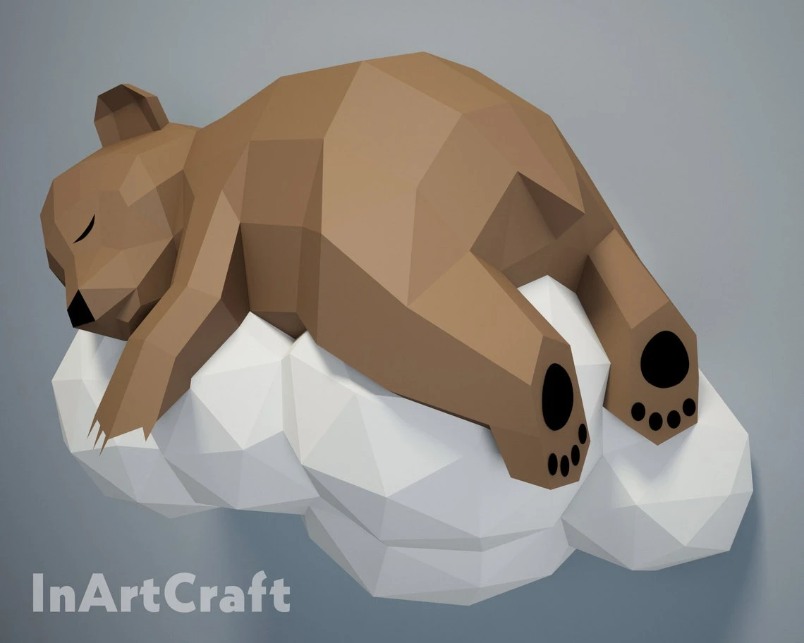 PDF Papercraft Bear on a cloud, Paper Craft 3D origami kit, 3D Papercraft animal, DIY paper model, Papercraft template, low poly pepakura A4