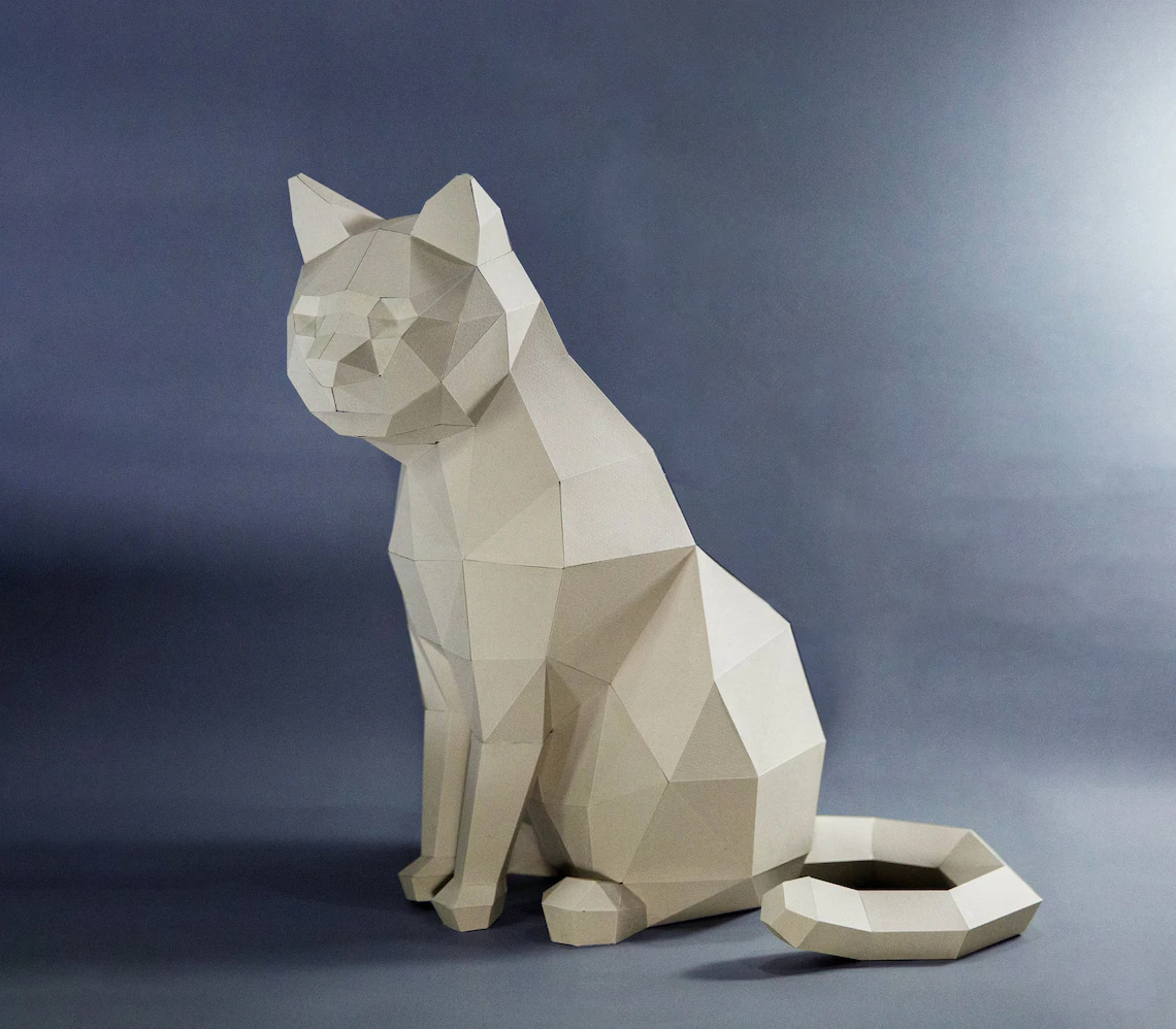 Cat Sit Paper Craft, Digital Template, Origami, PDF Download DIY, Low Poly, Trophy, Sculpture, Model