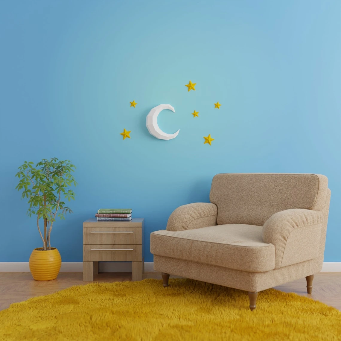 Moon and Stars Papercraft 3D DIY low poly paper crafts origami wall decor template