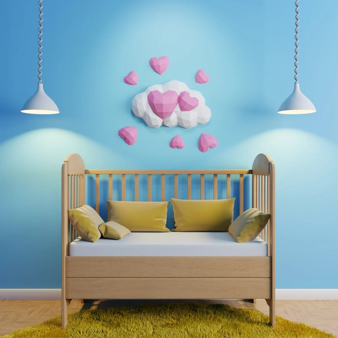 Hearts in Cloud Papercraft 3D - DIY low poly paper crafts wall decoration