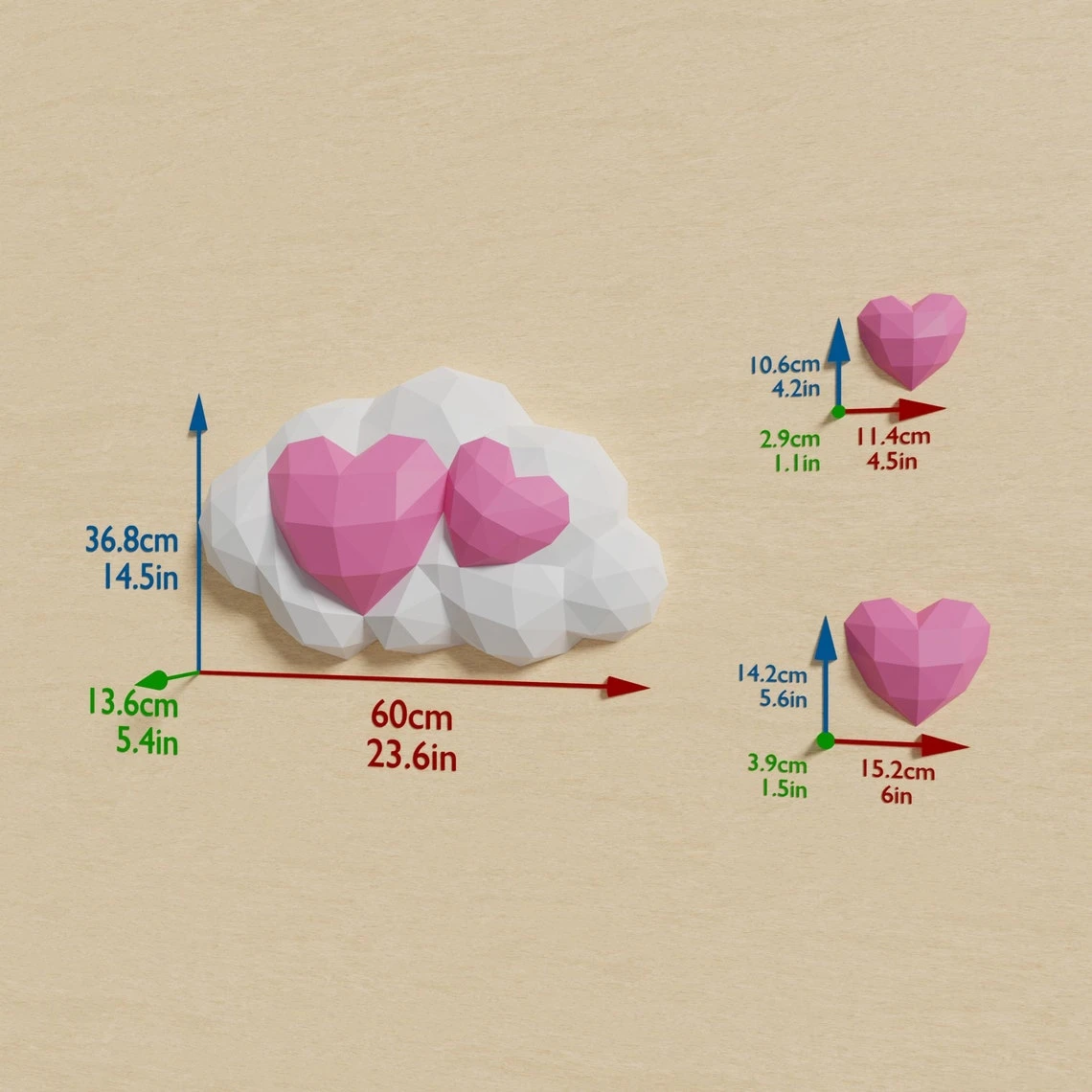 Hearts in Cloud Papercraft 3D - DIY low poly paper crafts wall decoration