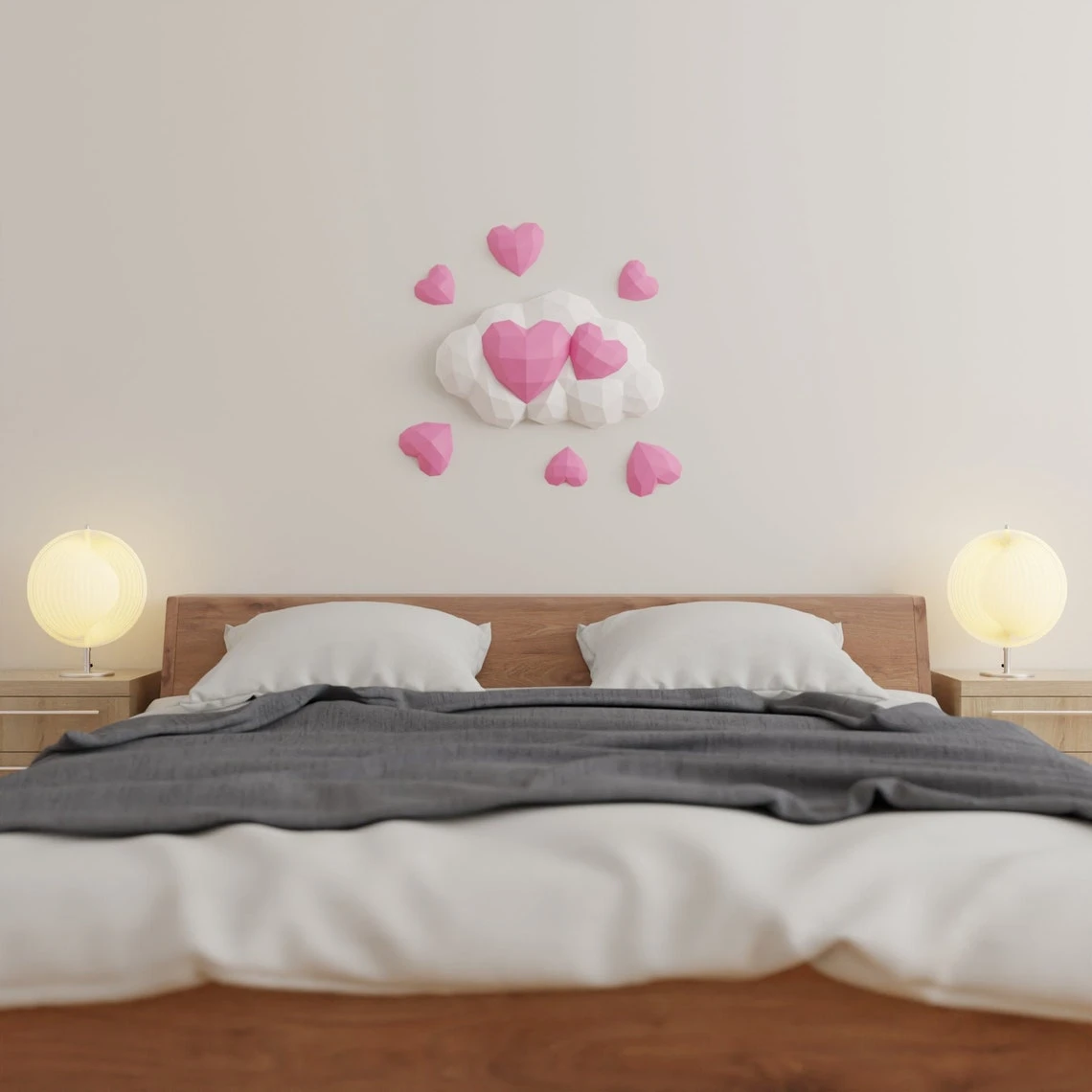 Hearts in Cloud Papercraft 3D - DIY low poly paper crafts wall decoration