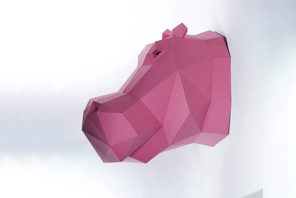 Hippo Head Paper Craft, Digital Template, Origami, PDF Download DIY, Low Poly, Wall Decor