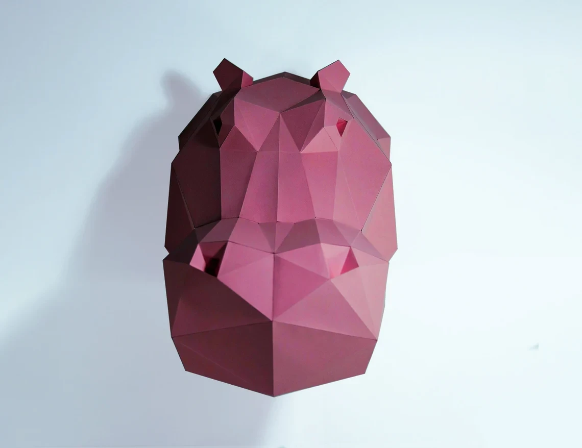 Hippo Head Paper Craft, Digital Template, Origami, PDF Download DIY, Low Poly, Wall Decor