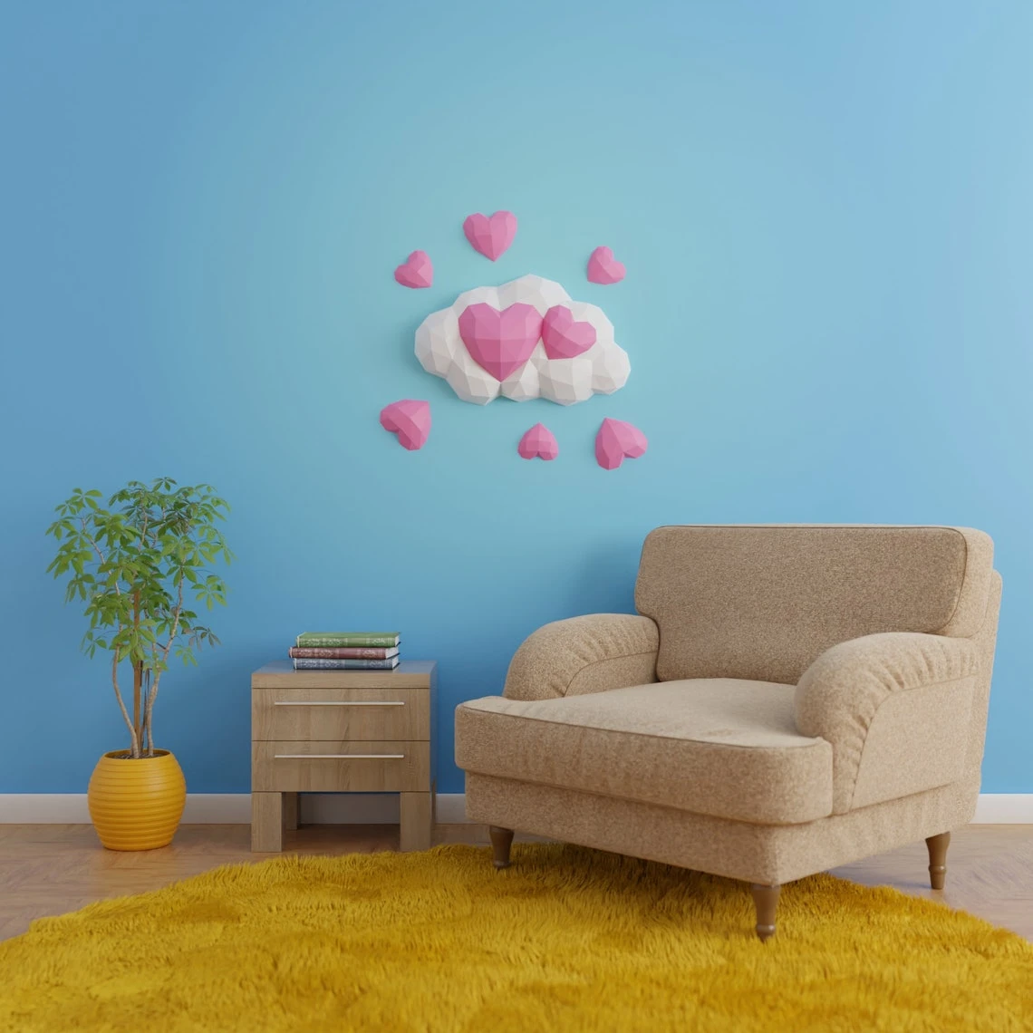 Hearts in Cloud Papercraft 3D - DIY low poly paper crafts wall decoration