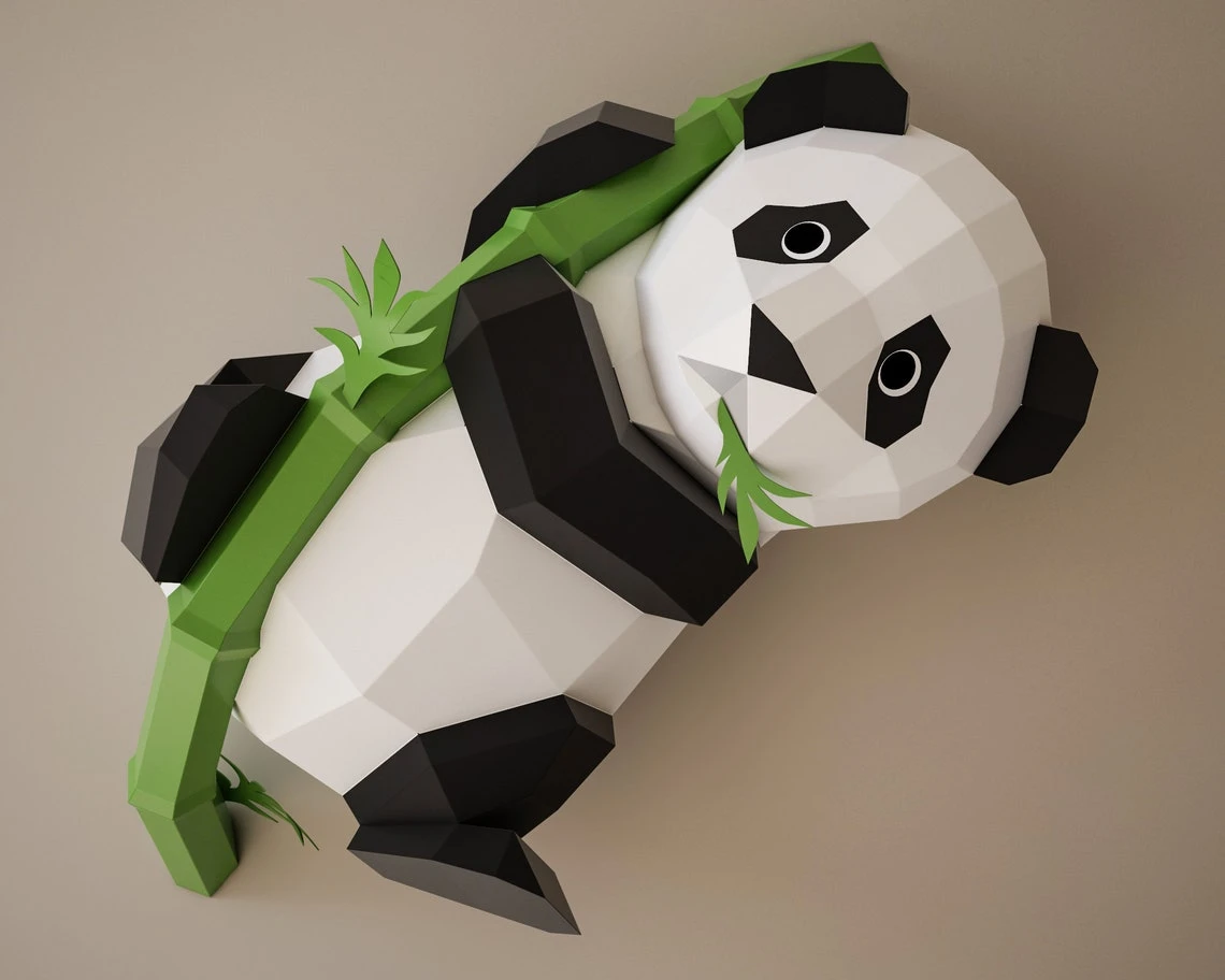 DIY Paper Panda on bamboo, papercraft model, polygonal paper craft, papercraft PDF template, 3D origami pepakura, bear animal trophy, A4 PDF