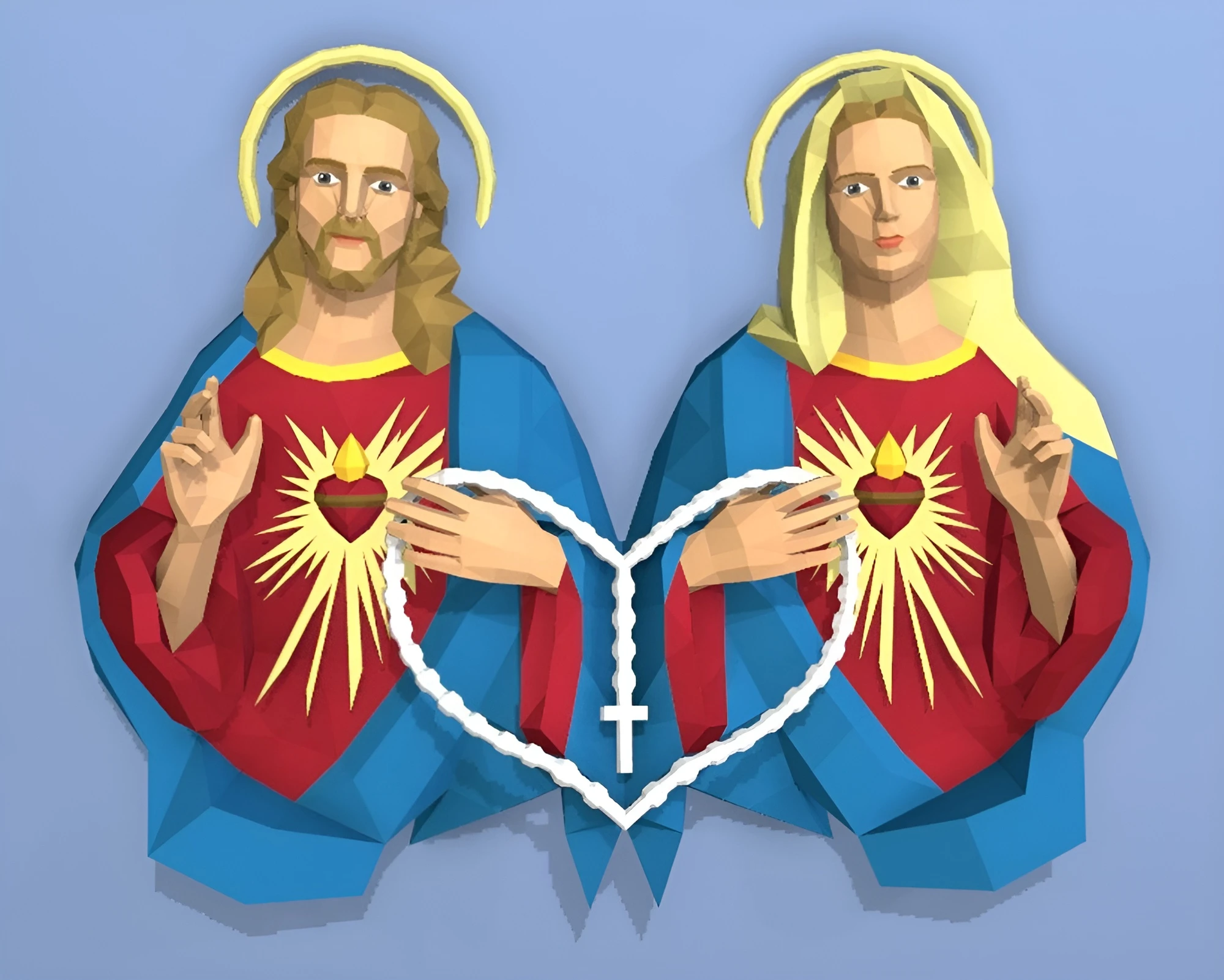 Sacred Heart of Jesus and Mary, Sagrado Corazón De Jesús Y María Papercraft, PDF Template, DIY 3d Model, FanArt, Paper Sculpture, Low Poly, Pepakura Craft, Manualidad