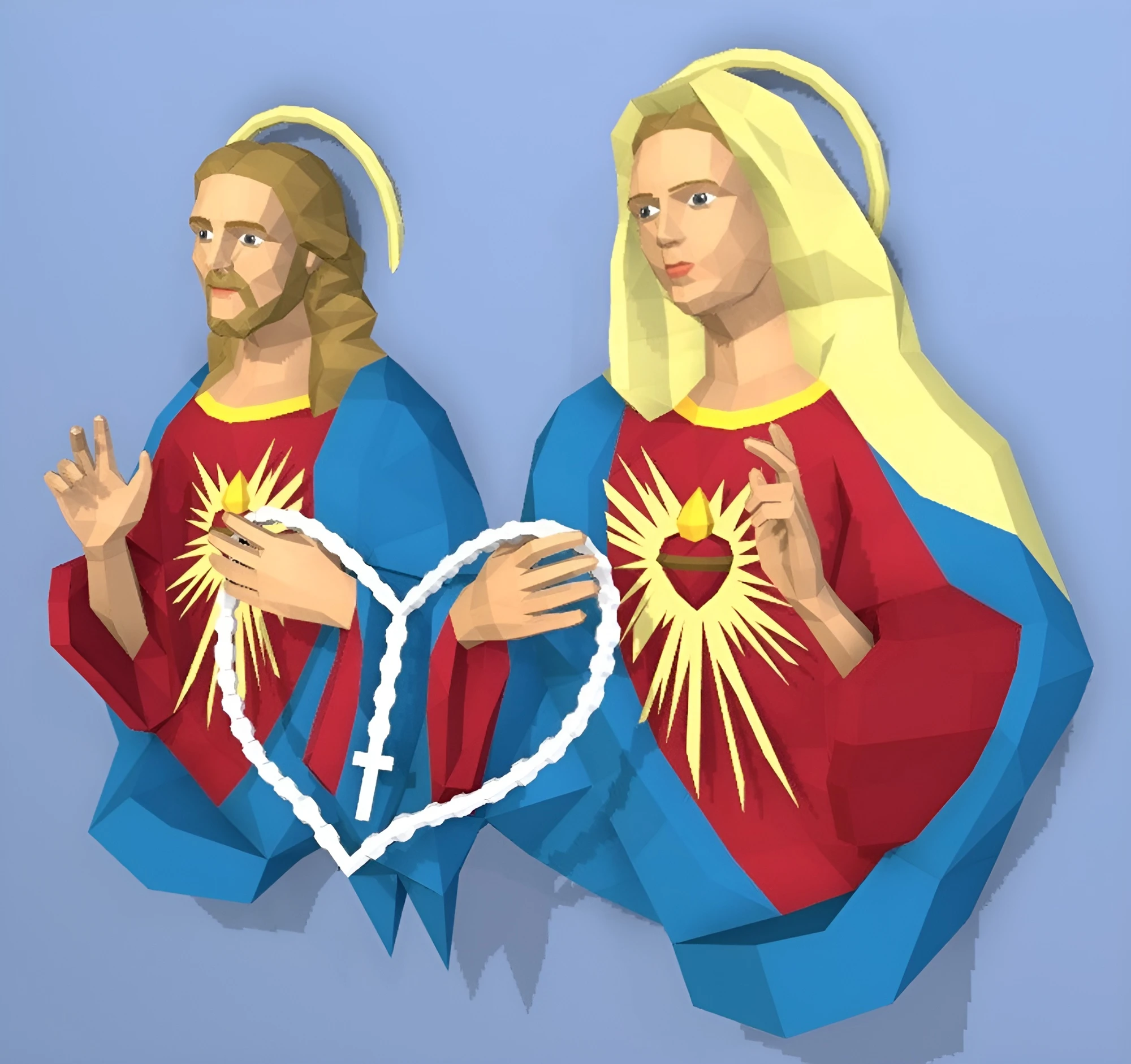 Sacred Heart of Jesus and Mary, Sagrado Corazón De Jesús Y María Papercraft, PDF Template, DIY 3d Model, FanArt, Paper Sculpture, Low Poly, Pepakura Craft, Manualidad