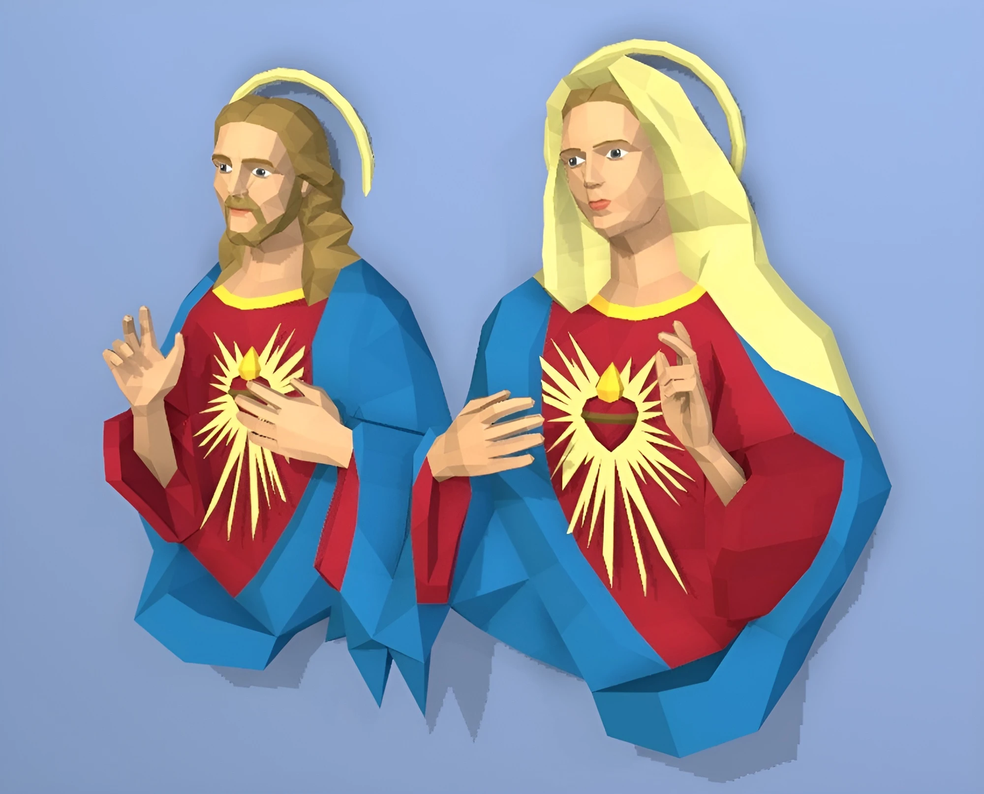 Sacred Heart of Jesus and Mary, Sagrado Corazón De Jesús Y María Papercraft, PDF Template, DIY 3d Model, FanArt, Paper Sculpture, Low Poly, Pepakura Craft, Manualidad