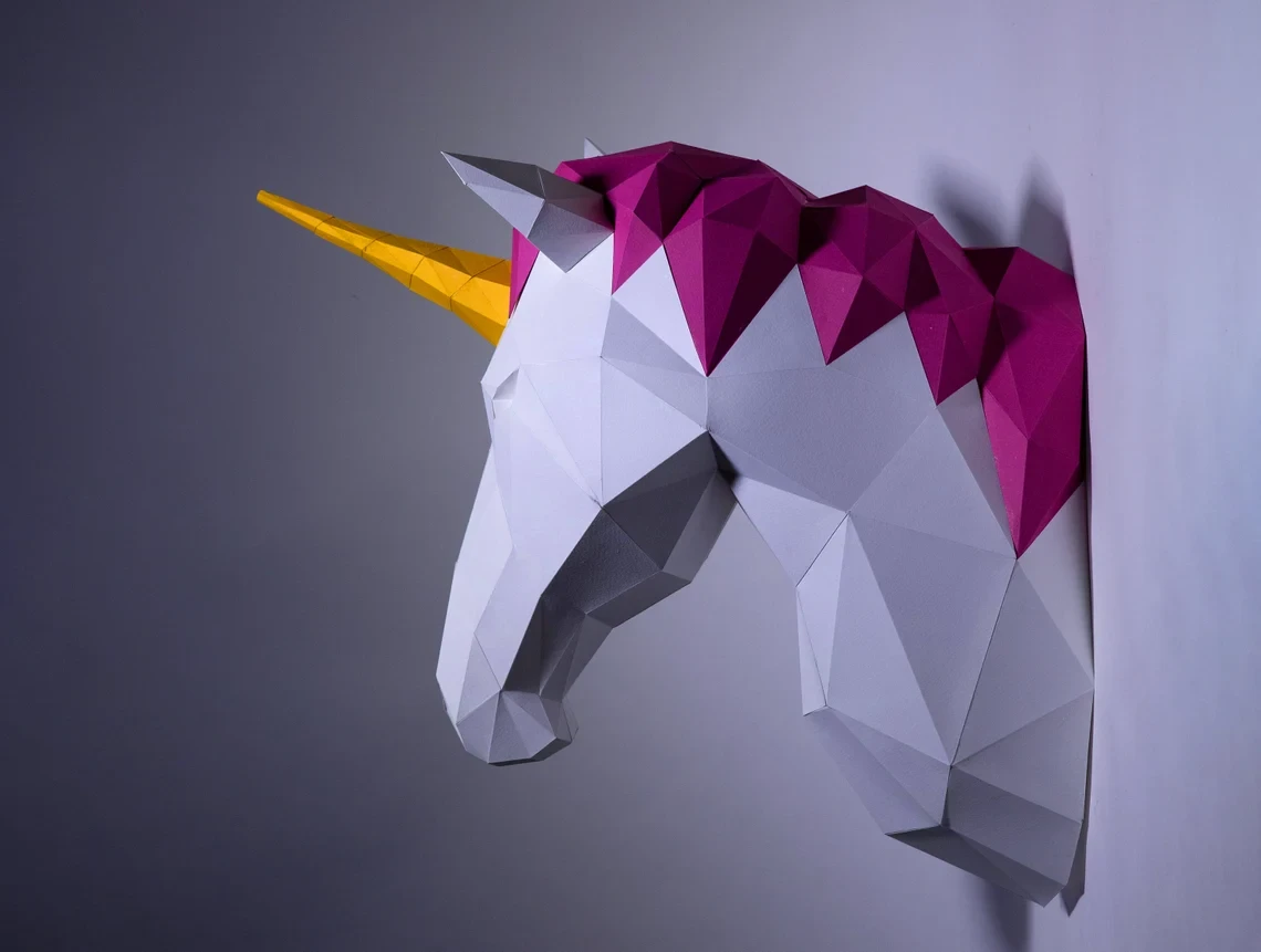 Unicorn Head Wall Paper Craft, Digital Template, Origami, PDF Download DIY, Low Poly, Wall Decor