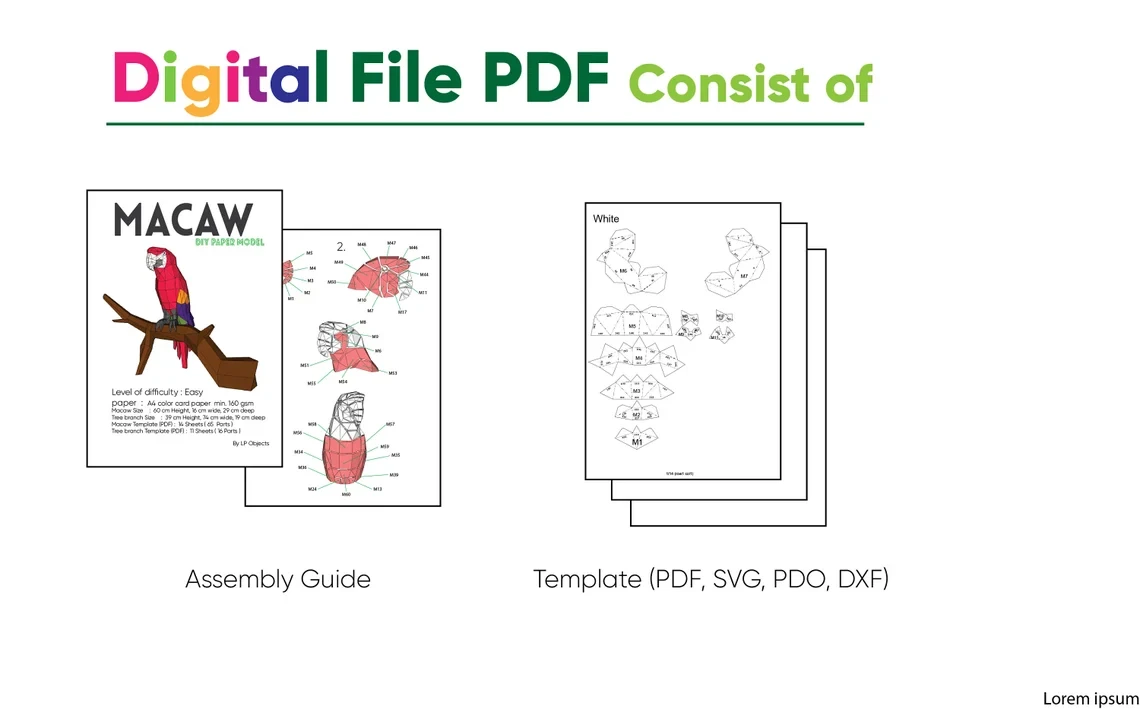 Macaw, Parrot, Paper Craft, Digital Template, Origami, PDF Download DIY, Low Poly, Trophy, Sculpture, Model