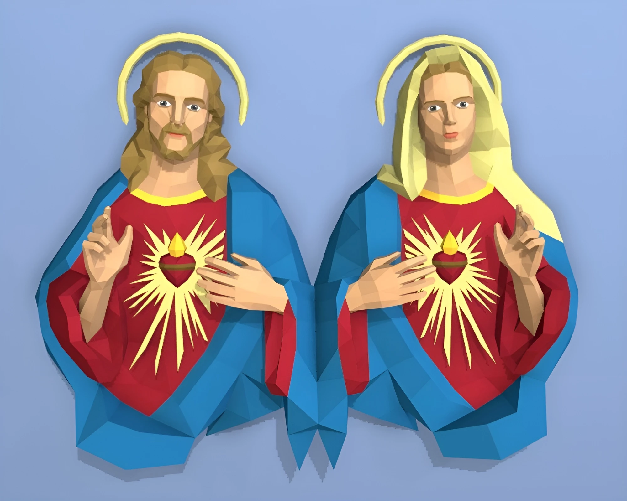 Sacred Heart of Jesus and Mary, Sagrado Corazón De Jesús Y María Papercraft, PDF Template, DIY 3d Model, FanArt, Paper Sculpture, Low Poly, Pepakura Craft, Manualidad