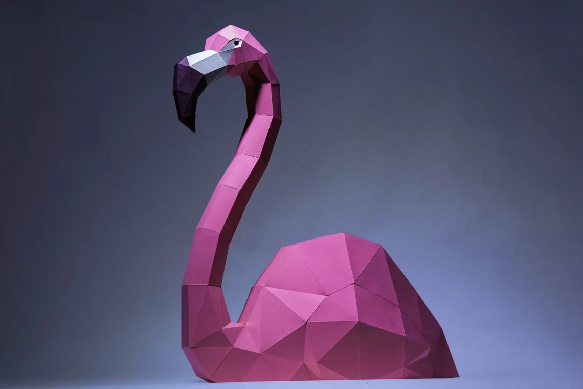 Flamingo Paper Craft, Digital Template, Origami, PDF Download DIY, Low Poly, Trophy, Sculpture, 3D Model