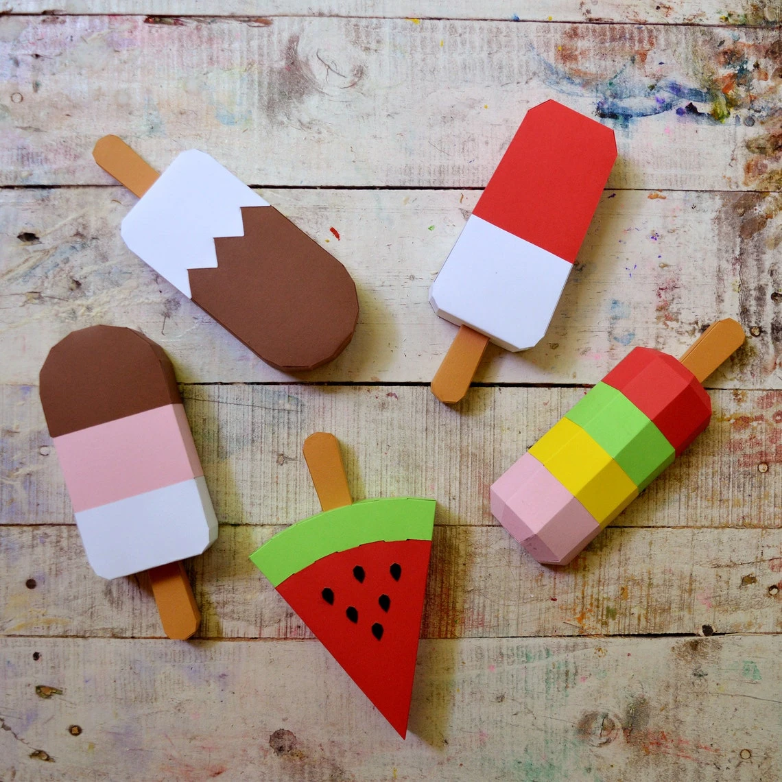 Popsicles Ice cream Papercraft 3D DIY low poly paper crafts origami wall decor template