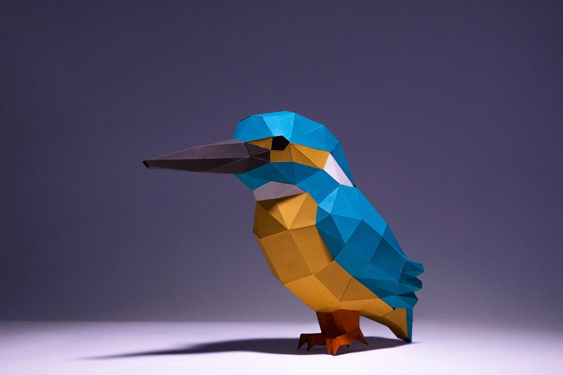 King Fisher Bird Paper Craft, Digital Template, Origami, PDF Download DIY, Low Poly, Trophy, Sculpture, King Fisher Bird Model