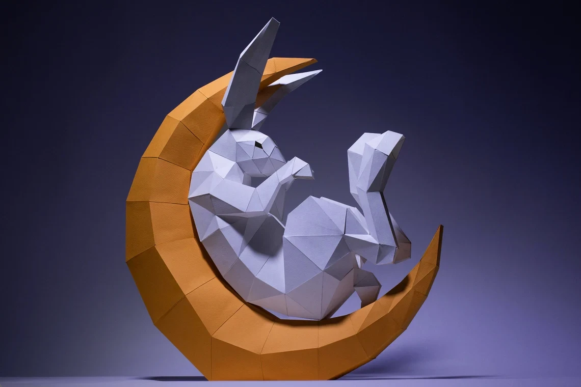 Moon Rabbit Paper Craft, Digital Template, Origami, PDF Download DIY, Low Poly, Trophy, Sculpture, Moon Rabbit Model