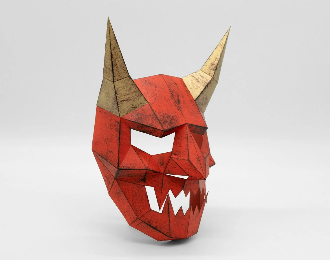 Japanese Demon Mask, Oni, Hannya | DIY Paper Mask, Printable Template, Papercraft, 3D Mask, Polygon, Low Poly, Geometric, Costume, Pattern