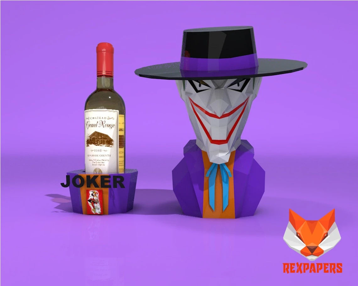 Joker Wine Box, Winebox Papercraft, PDF Template, DIY 3d Model, FanArt, Paper Sculpture, Low Poly, Pepakura Craft, Manualidad