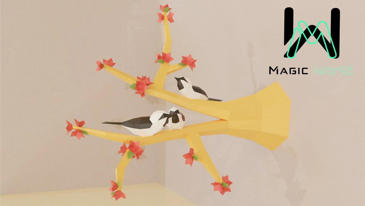 Bird Perched on Flower Tree Low Poly, Papercraft, PDF template, Paper model, Sculpture, 3D puzzle, Polygonal model, Lowpoly