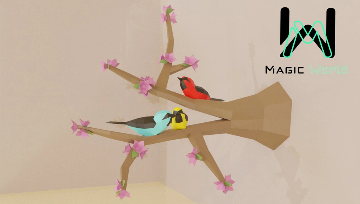 Bird Perched on Flower Tree Low Poly, Papercraft, PDF template, Paper model, Sculpture, 3D puzzle, Polygonal model, Lowpoly