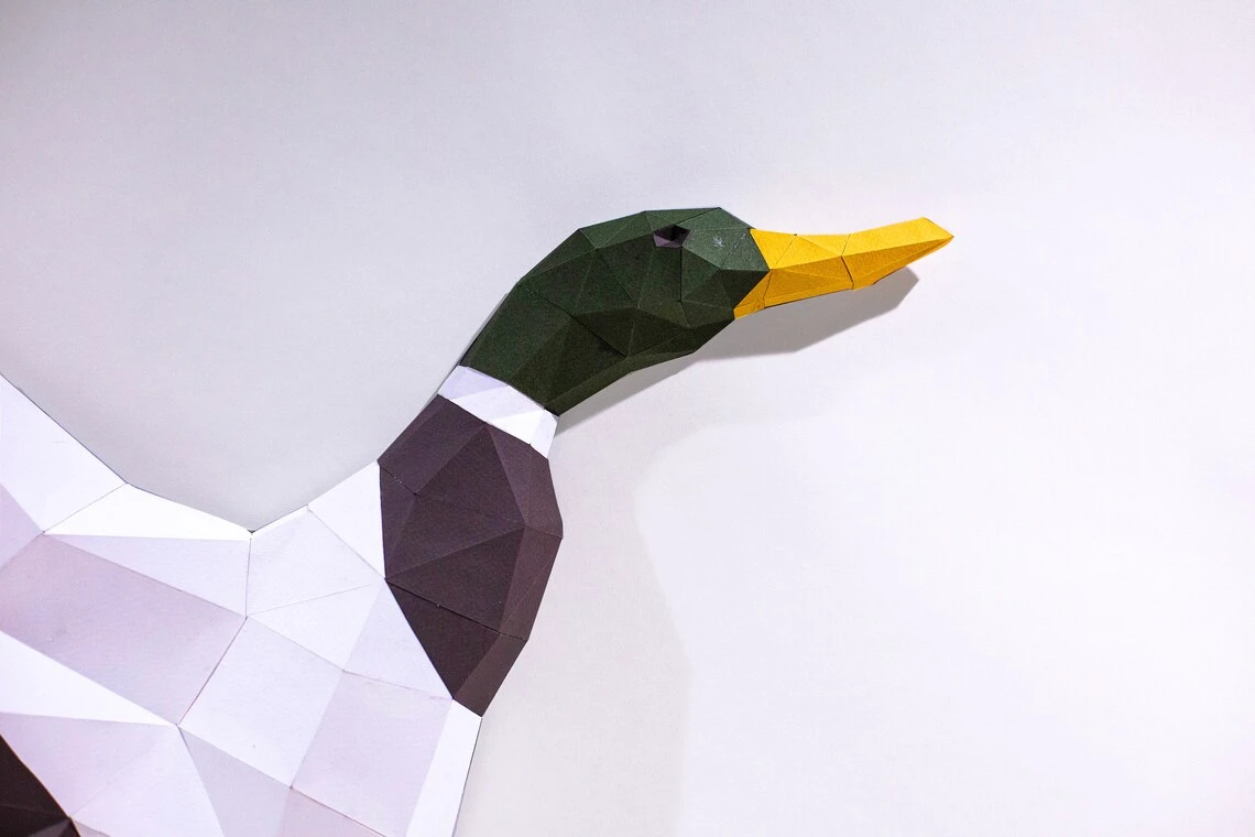 Mallard Duck Wall Paper Craft, Digital Template, Origami, PDF Download DIY, Low Poly, Trophy, Sculpture, Mallard Duck Wall