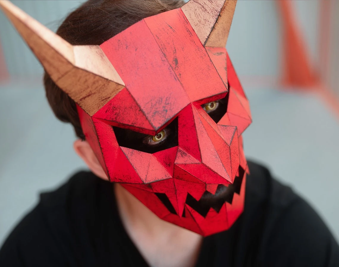 Japanese Demon Mask, Oni, Hannya | DIY Paper Mask, Printable Template, Papercraft, 3D Mask, Polygon, Low Poly, Geometric, Costume, Pattern