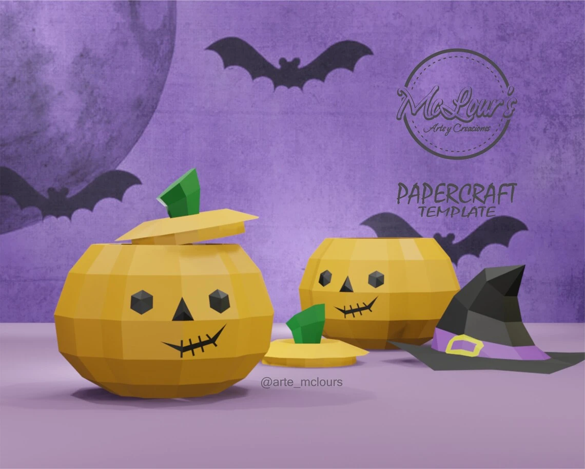 Pumpkin Halloween/ Calabaza con Tapa/ Candy Bowl/ Template PDF/ Low Poly/ Papercraft Halloween/ 3D Pumpkin/ Craft/ Home decor