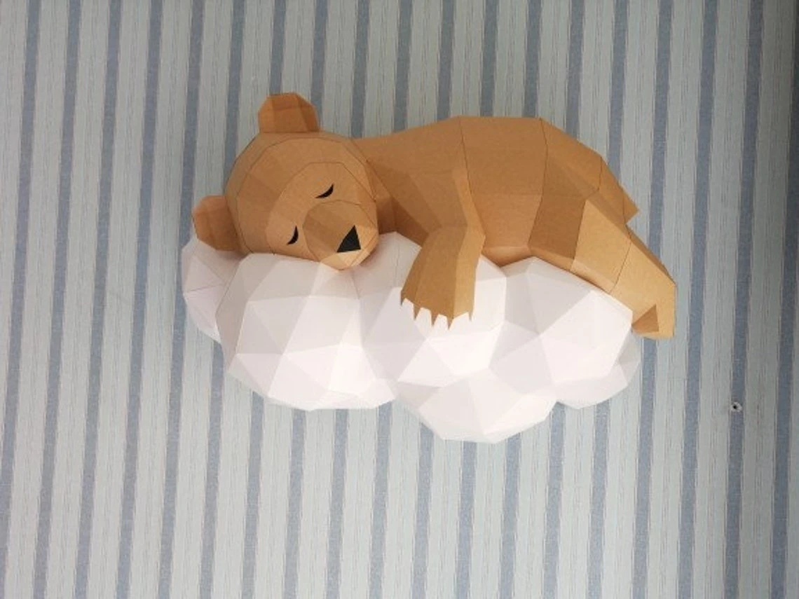 PDF Papercraft Bear on a cloud, Paper Craft 3D origami kit, 3D Papercraft animal, DIY paper model, Papercraft template, low poly pepakura A4