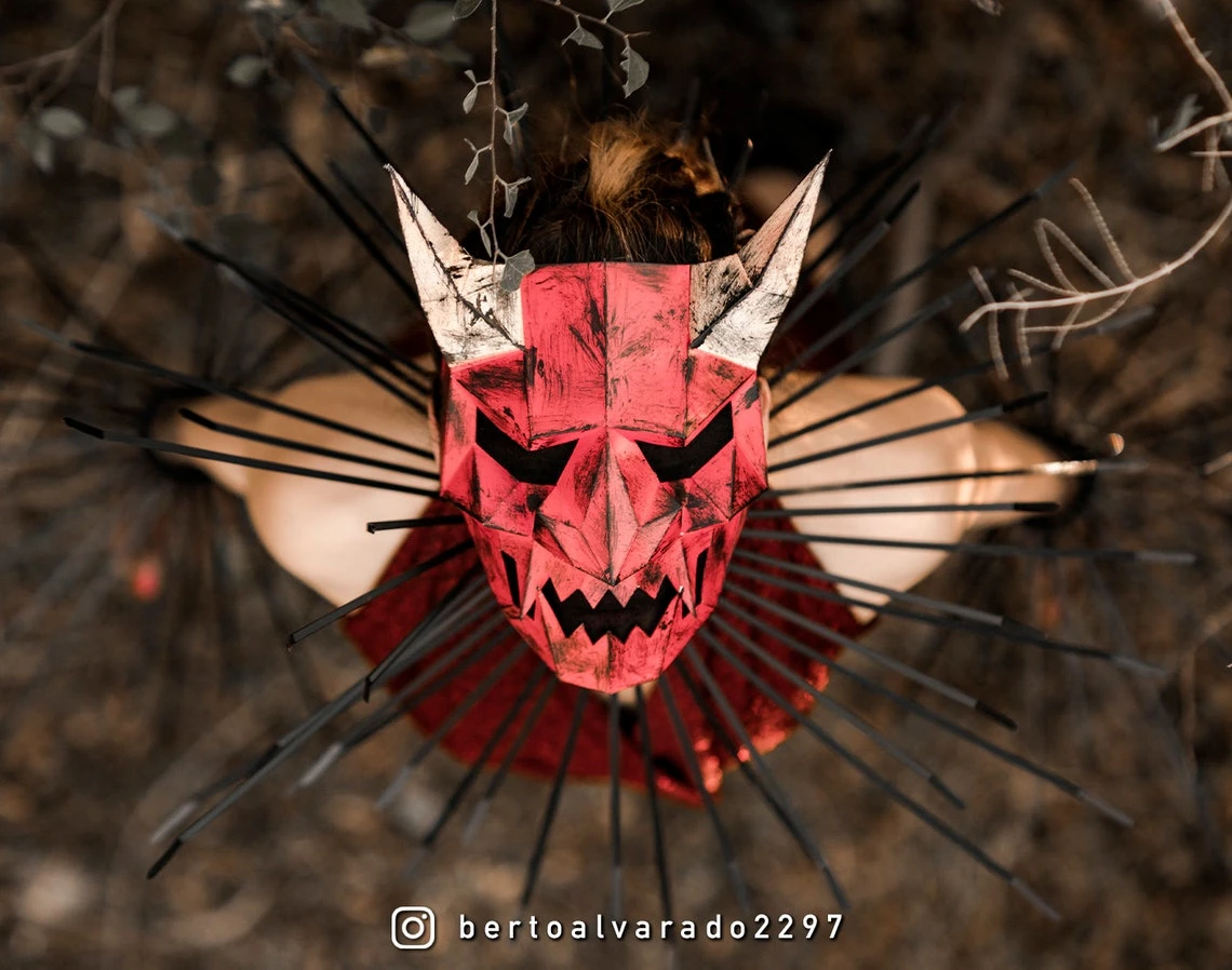 Japanese Demon Mask, Oni, Hannya | DIY Paper Mask, Printable Template, Papercraft, 3D Mask, Polygon, Low Poly, Geometric, Costume, Pattern