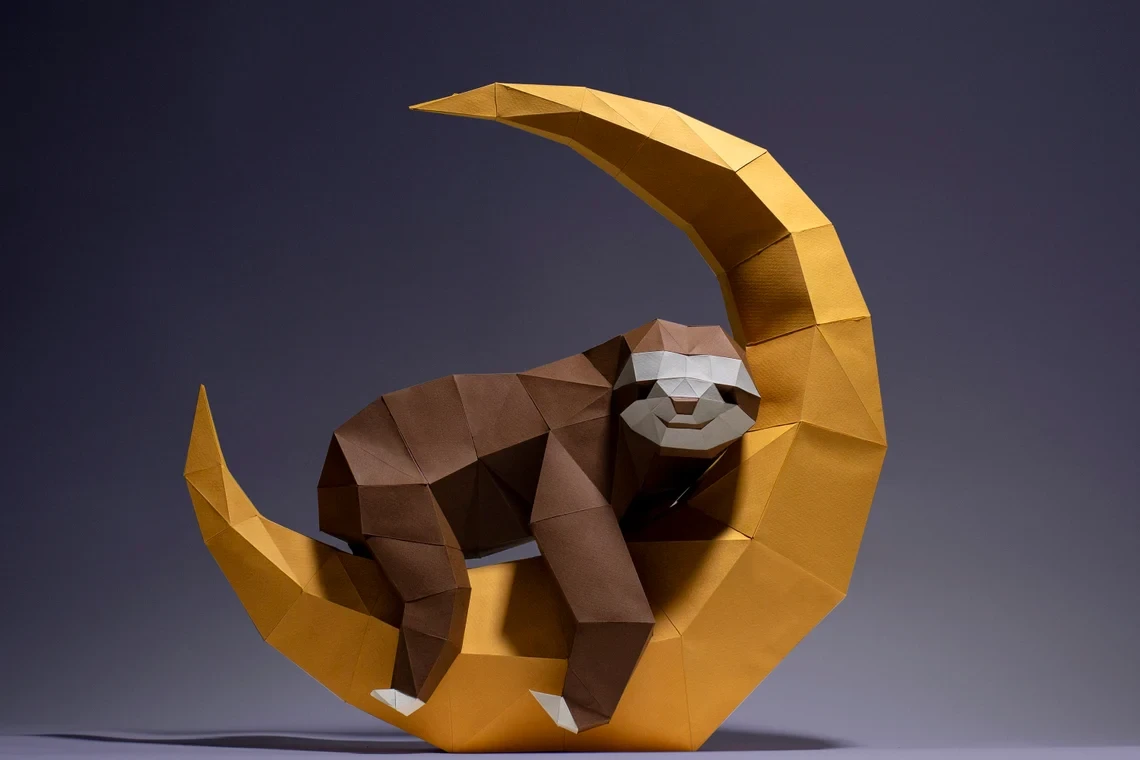 Moon Sloth Paper Craft, Digital Template, Origami, PDF Download DIY, Low Poly, Trophy, Sculpture, Moon Sloth Model