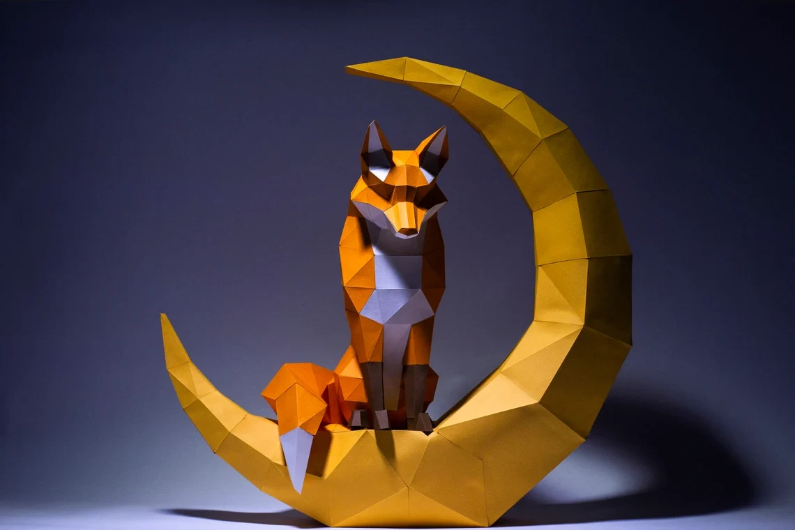 Moon Fox Paper Craft, Digital Template, Origami, PDF Download DIY, Low Poly, Trophy, Sculpture, Moon Fox Model