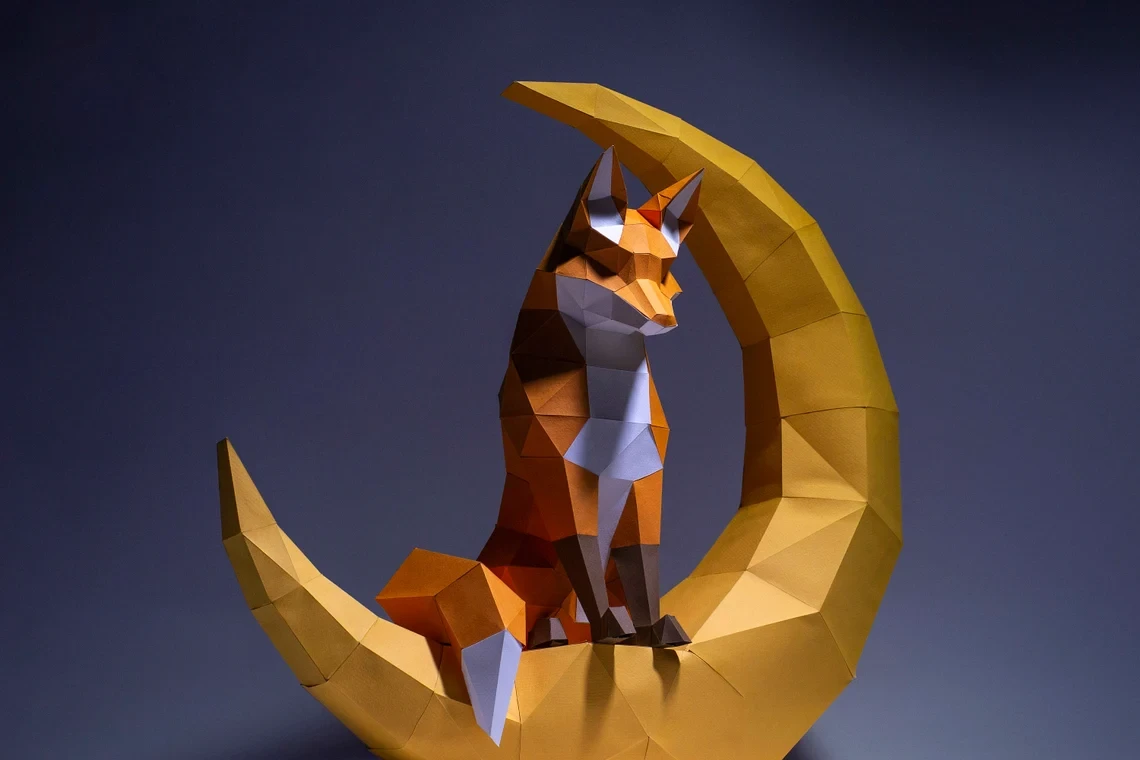 Moon Fox Paper Craft, Digital Template, Origami, PDF Download DIY, Low Poly, Trophy, Sculpture, Moon Fox Model