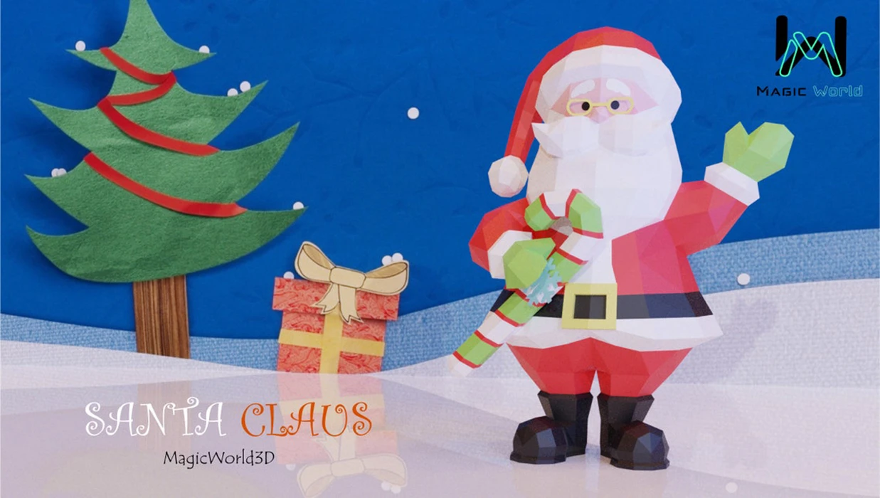 Santa Claus Cute Low Poly, Papercraft, PDF template, Paper model, Sculpture, 3D puzzle, Polygonal model, Lowpoly