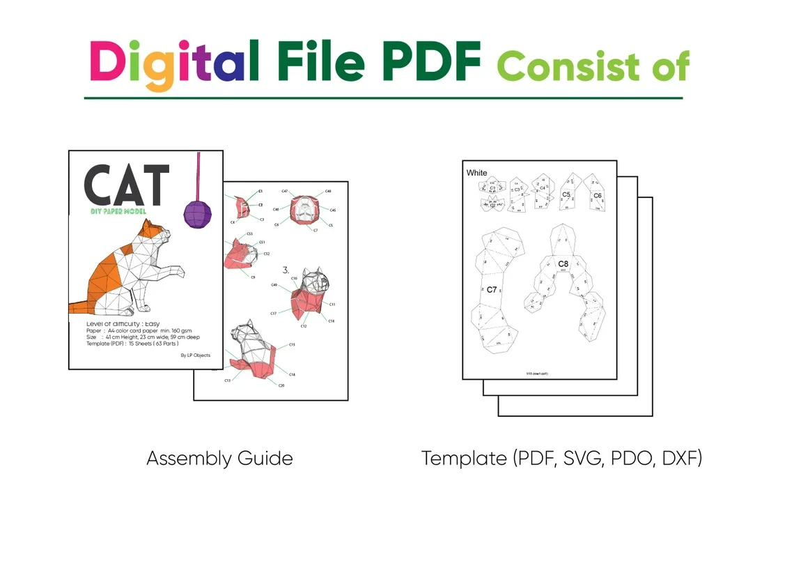 Cat Sitting Papercraft, Papercraft cat PDF template , DIY Low Poly Papercraft, Make real 3D paper cat , Gift for cat lovers!