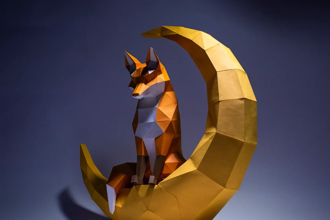 Moon Fox Paper Craft, Digital Template, Origami, PDF Download DIY, Low Poly, Trophy, Sculpture, Moon Fox Model